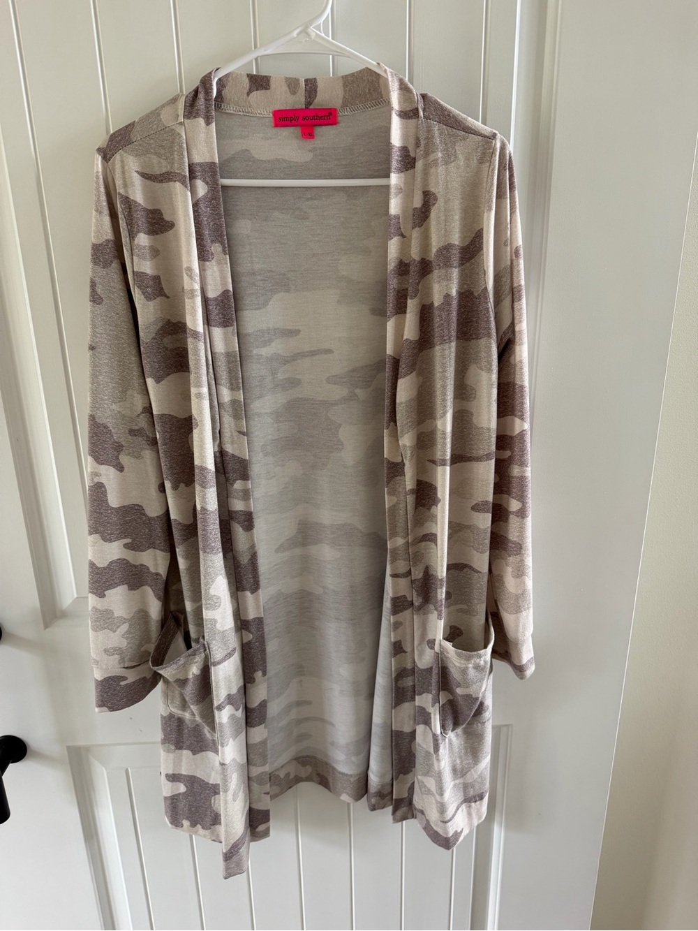Simply Southern Taupe and Cream Camo Open-Front Cardigan